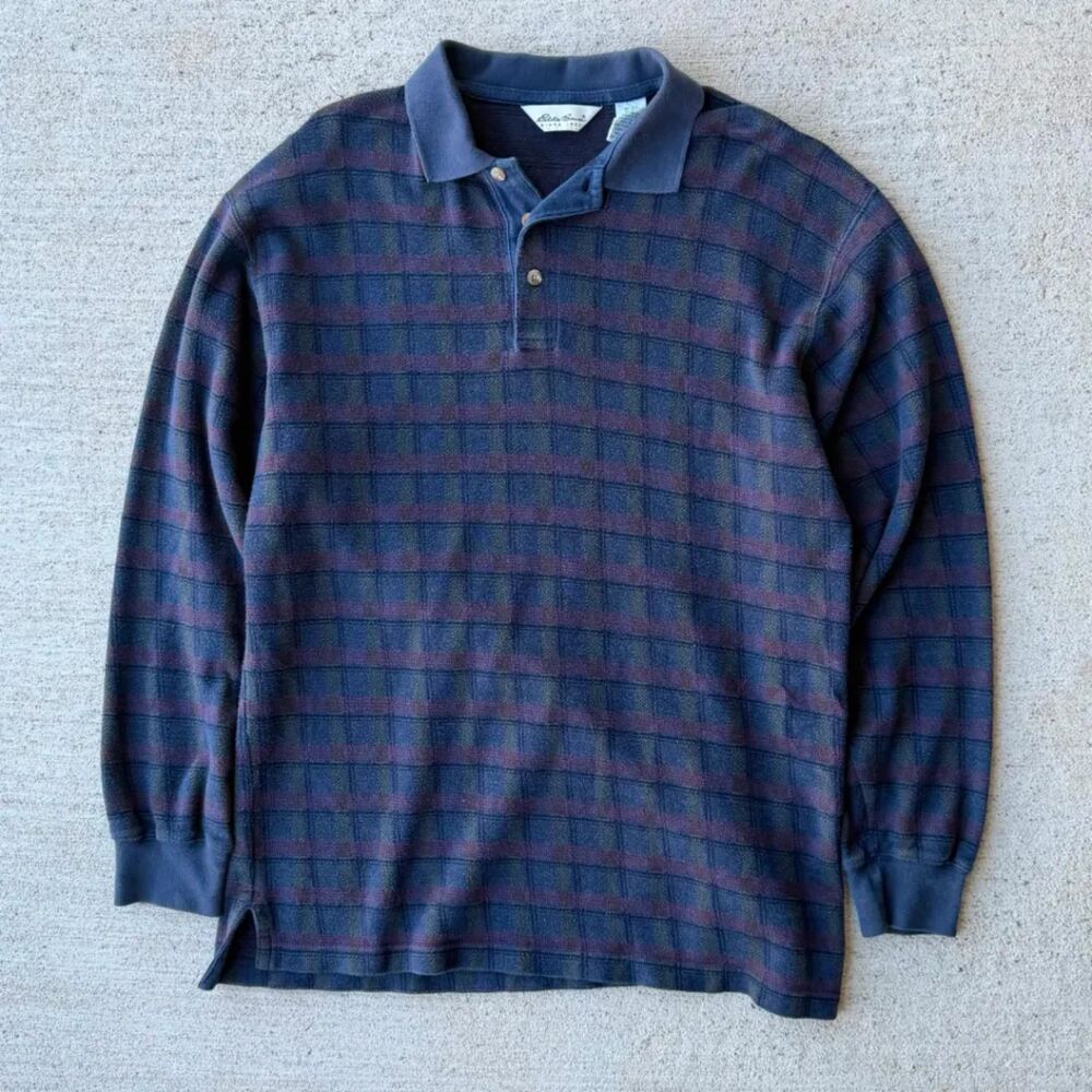 Vintage 90s Eddie Bauer Heavy Thermal Knit Plaid Rugby Polo Shirt Mens Medium